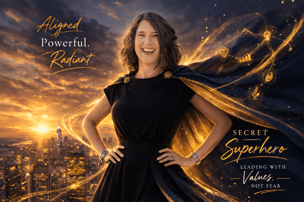 Su Zangara smiling with hands on hips, wearing a flowing navy cape against a golden city sunset